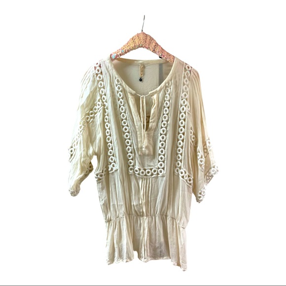 Anthropologie Tops - Anthropologie Peace & Pearls oversized cream sheer top plunge neck embroidered